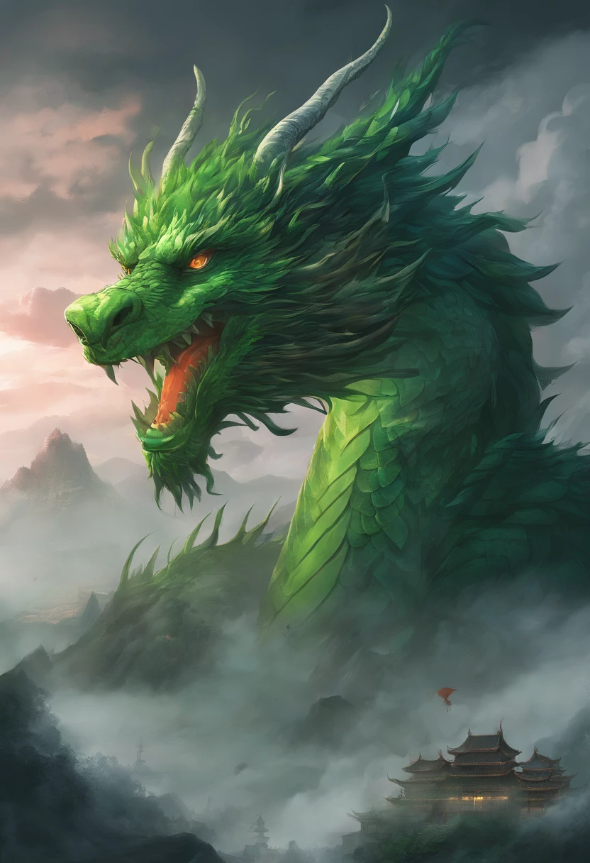 China-style,Chinese mythology,Chinese Green Dragon,tosen,Ferocious,gargantuan,The eyes glow red,Glow effects,surrounded by cloud,Thick clouds,buliding,中景 the scene is,Full body like, highly detailed surreal vfx,oc rendered,