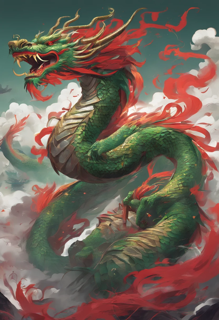 China-style,Chinese mythology,Chinese Green Dragon,tosen,Ferocious,gargantuan,The eyes glow red,Glow effects,surrounded by cloud,Thick clouds,buliding,中景 the scene is,Full body like, highly detailed surreal vfx,oc rendered,