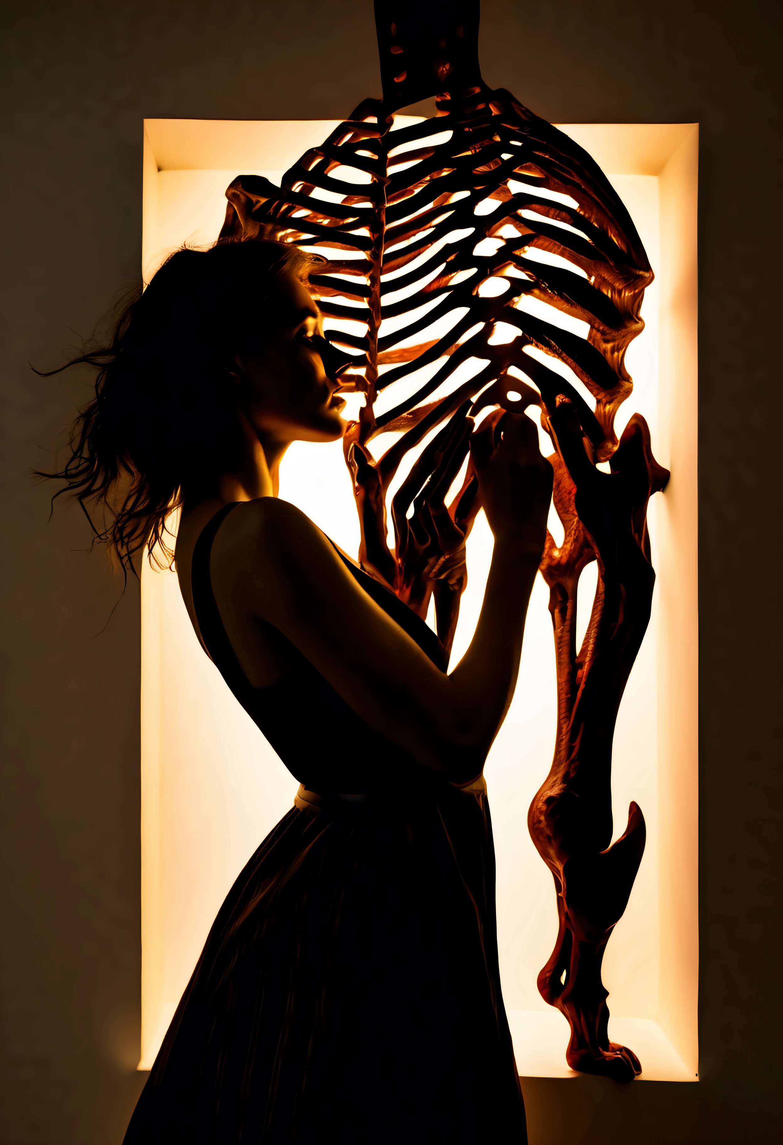 "(The best lighting, alto contraste, oscuro, dramatic),(Chica rubia junto a una cabra negra gigante, Open the rib cage, feto, autopsia, huesos humanos, sangre por las paredes). Luz Caravaggio"