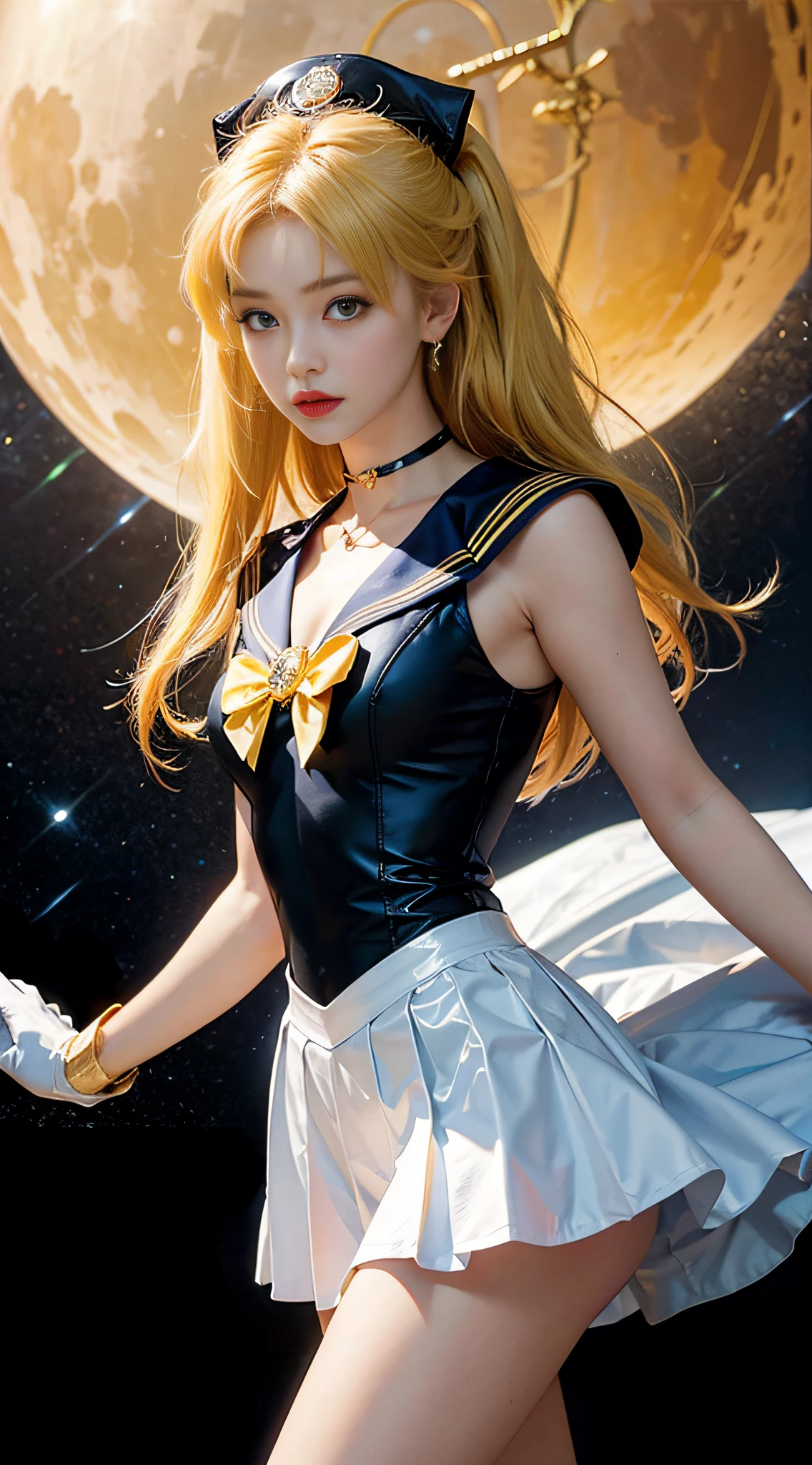 ((masterpiece:1.4)、(top-quality:1.4)、(reallistic:1.7))、masuter piece:1.4、a beauty girl、(Sailor Moon:1.4)、Tsukino Usagi、Body Fit Sexy Sailor Senshi Uniform、(latex shiny)、(The jacket is a white sleeveless sailor suit)、(Skirt Blue Sexy Ultra Ultra Pleated Mini Skirt)、The collar of the sailor suit is blue with two thin lines.、high leg swimsuit、Red cloth ornament on chest、(Wearing white gloves)、Kawaii Girl、Super beauty、foco nítido、Portrait photos、Upper body photography:1.4、beautiful countenance、beautidful eyes、Narrow waist、beauty legs、(yellow hair:1.4)、(length hair:1.2)、Beautiful udder、large full breasts:1.2、Sexy ass、Raw photo、red-lips、Red high heels:1.4、a choker:1.4、a necklace:1.4、耳Nipple Ring:1.4、Luxurious Golden Tiara:1.4、1 screen display、a moon、kosmos、spaceships、A space station、City of the Future