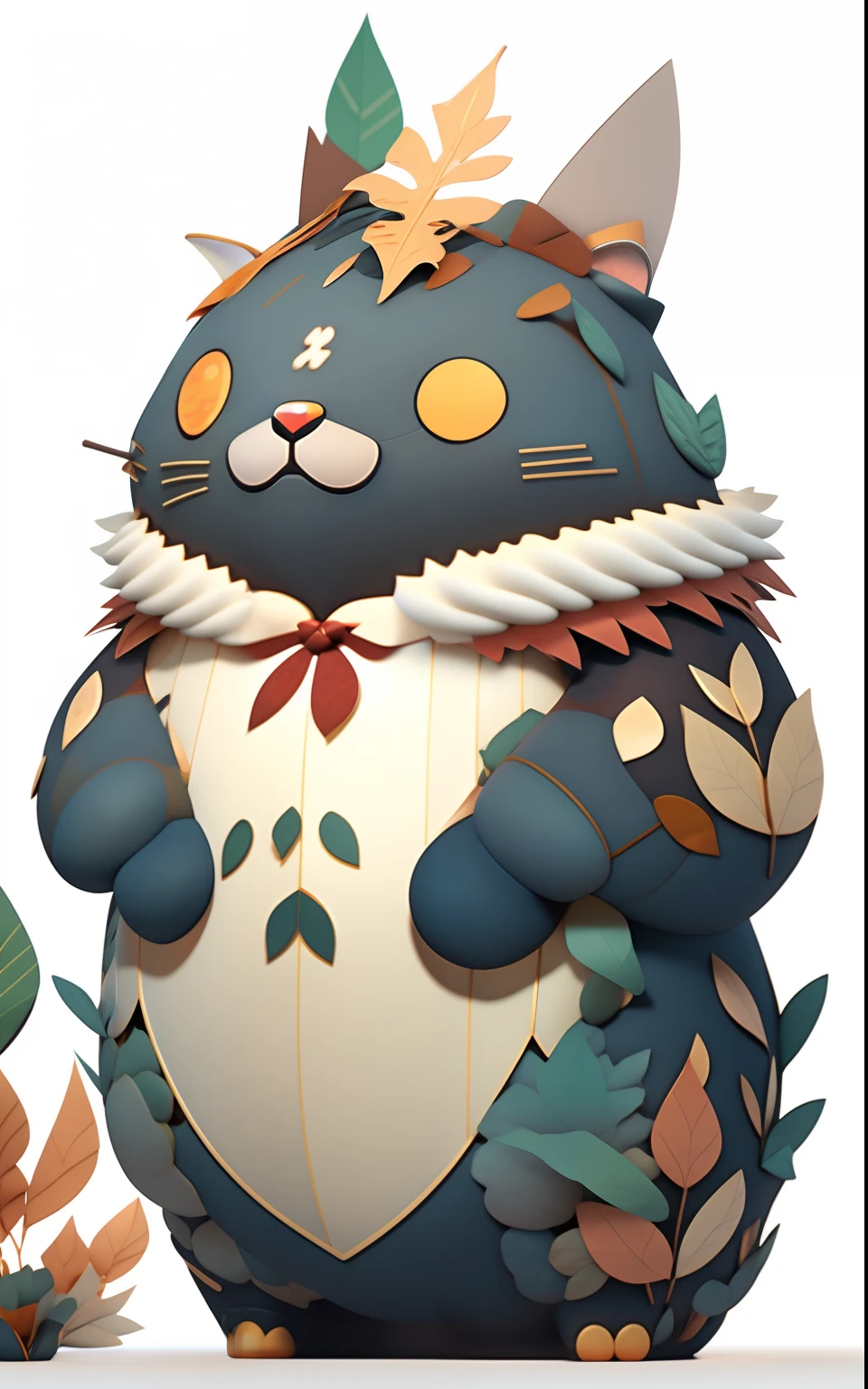 The render features a cartoon character with a bush on his head,There are paper crafts with a cat and a cat with leaves, Cute detailed digital art, cat detailed, fat chibi grey cat, character art closeup, Great character design, Official concept art, 3 d render official art, official character art, cute detailed artwork, Sora as a cat, anime visual of a cute cat, official character illustration, official render