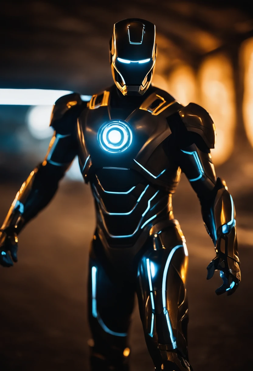 Tron Combined with Ironman, tron legacy, battle pose, crystal clear image, intricate details, close up, battle scars, black and amber themed, simulation world