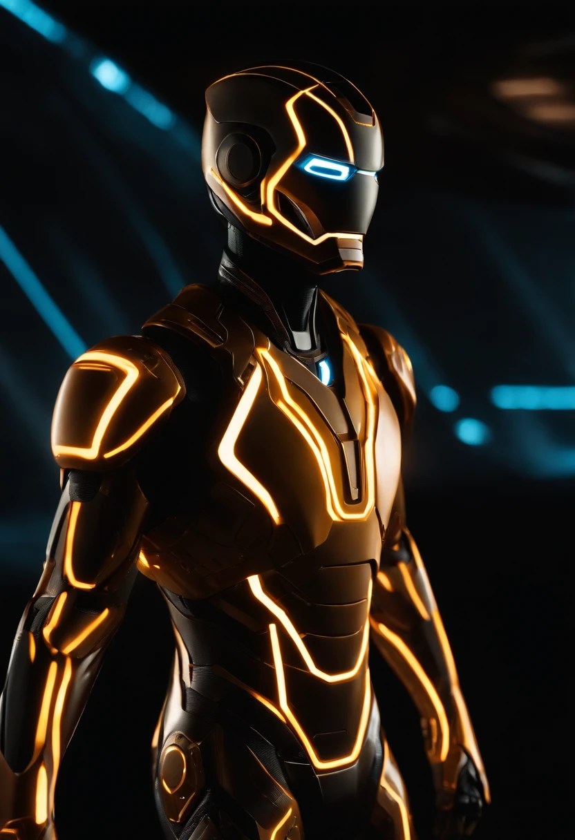 Tron Combined with Ironman, tron legacy, battle pose, crystal clear image, intricate details, close up, battle scars, black and amber themed, simulation world