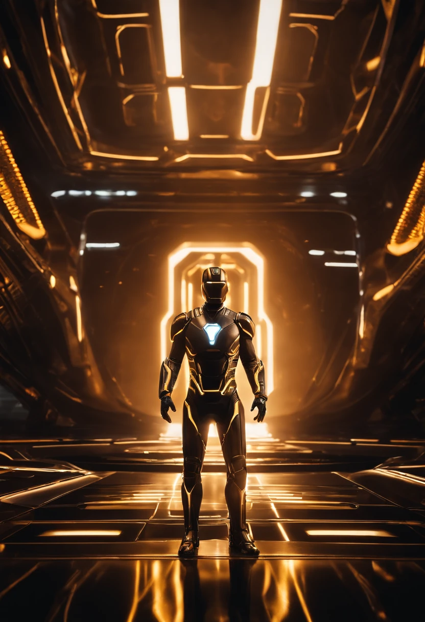 Tron Combined with Ironman, tron legacy, battle pose, crystal clear image, intricate details, close up, battle scars, black and amber themed, simulation world