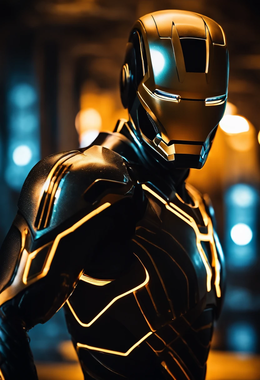 Tron Combined with Ironman, tron legacy, battle pose, crystal clear image, intricate details, close up, battle scars, black and amber themed, simulation world