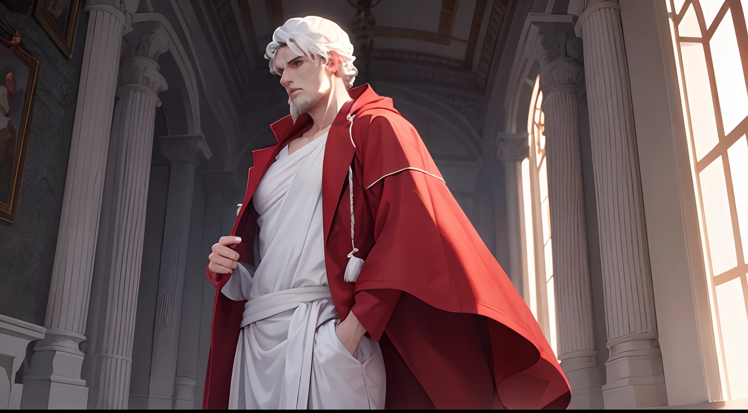 White Greek Statue of a Stoic Man, Intense red bathrobe, HD, Detalhes Precisos