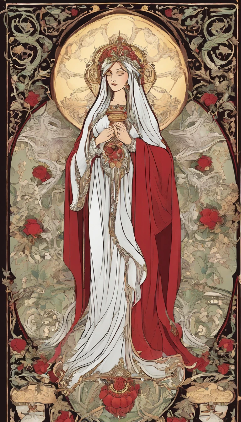 The Vampire High sits in front of a thin veil, decorated with pomegranates. On either side of the High Priestess are two pillars, Marking the entrance to this sacred, Mystic Temple. White poles. The High Priestess is dressed in a red robe with a cross on her chest and a horned diadem, On her lap, she is holding a scroll with the letters of the Torah on it, It is partially covered. At her feet is the crescent moon, Highly detailed