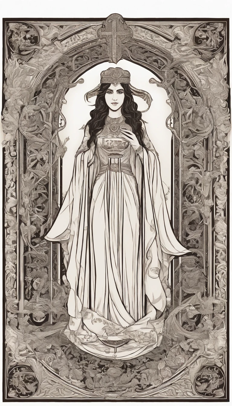 The Vampire High sits in front of a thin veil, decorated with pomegranates. On either side of the High Priestess are two pillars, Marking the entrance to this sacred, Mystic Temple. White poles. The High Priestess is dressed in a red robe with a cross on her chest and a horned diadem, On her lap, she is holding a scroll with the letters of the Torah on it, It is partially covered. At her feet is the crescent moon, Highly detailed
