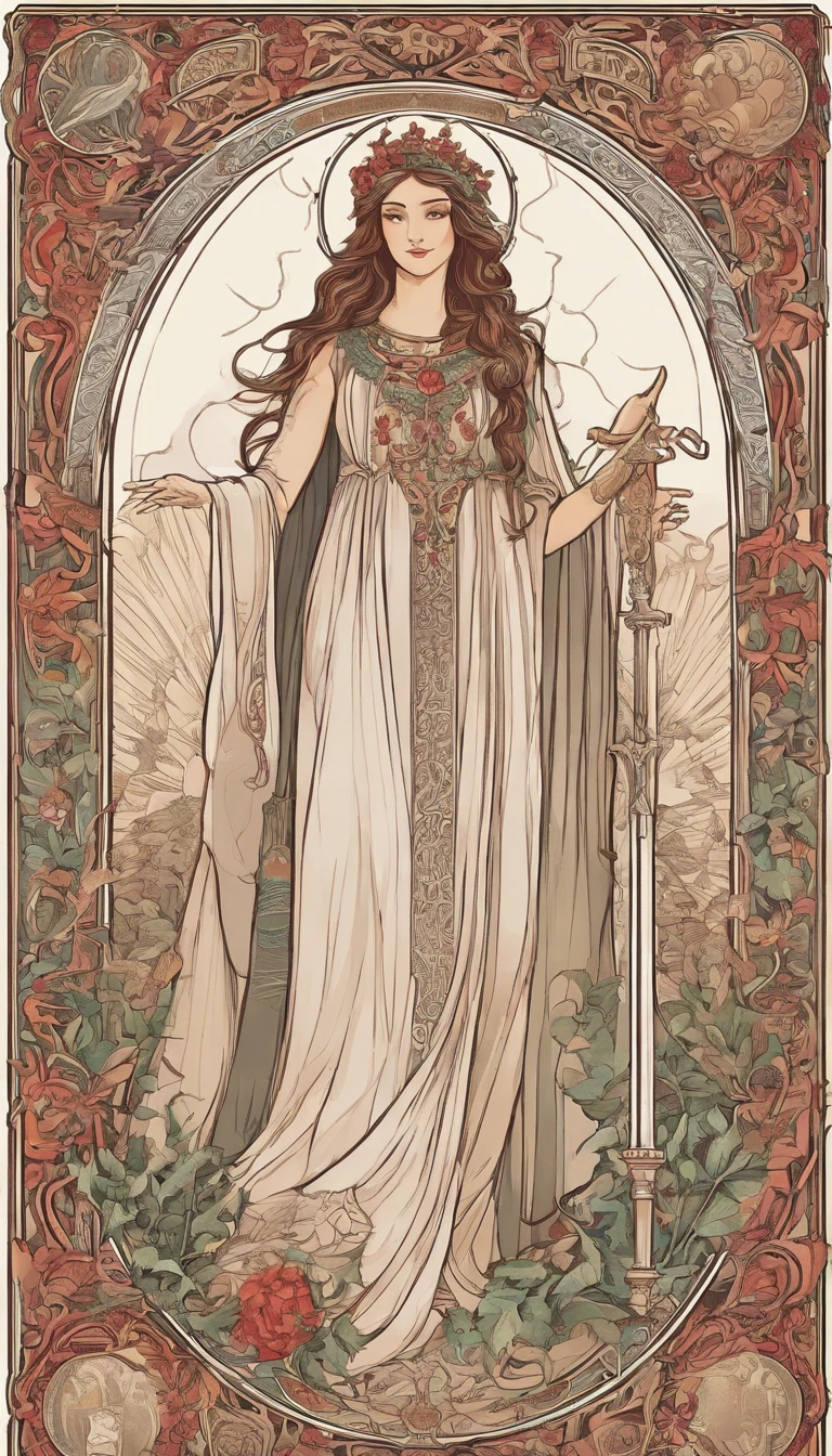 The Vampire High sits in front of a thin veil, decorated with pomegranates. On either side of the High Priestess are two pillars, Marking the entrance to this sacred, Mystic Temple. White poles. The High Priestess is dressed in a red robe with a cross on her chest and a horned diadem, On her lap, she is holding a scroll with the letters of the Torah on it, It is partially covered. At her feet is the crescent moon, Highly detailed
