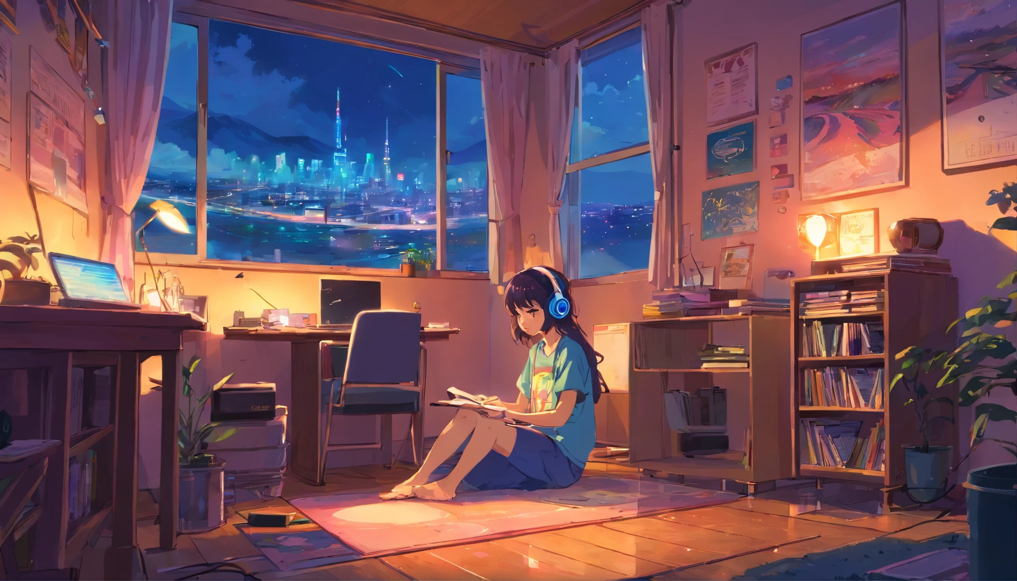 European Hippie Girl studying in her room, dreaming, Wear headphones, night lights, Neon landscape on a rainy day, Analog Color Theme, Lo-Fi Hip Hop , retrospective, flat, 2.5D ,Draw a line, Ink Drawing, Large slope, Watercolor painting, Goosch Colors, Studio Ghibli Style, Awesome colorful, Outer Ton, krautrock, lofi art,Old texture, amplitude,psychedelic vibe, masterpiece, Tremendous technology,