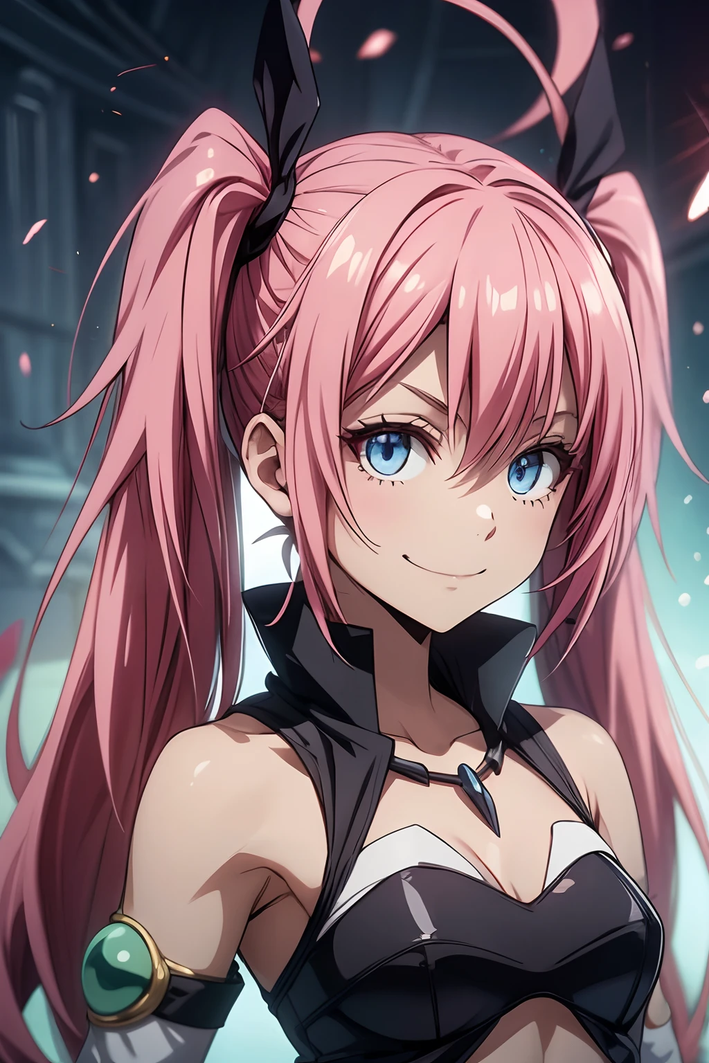 Milim Nava de tensei shitara slime datta ken, pink hair, long hair, twintails, eye reflection, glowing eyes, evil smile, chiaroscuro, cinematic lighting, jpeg artifacts, ray tracing, drop shadow, anime, Minimalism, Sony FE, masterpiece, UHD, super detail, high quality, 16k, highres, anatomically correct