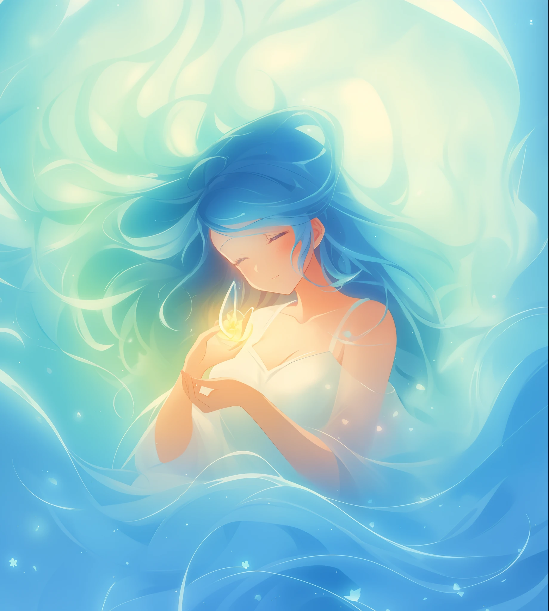 beautiful girl surrounded by liquid light, long wavy blue hair, watercolor illustration, inspired by Glen Keane, inspired by Lois van Baarle, disney art style, by Lois van Baarle, glowing aura around her, by Glen Keane, jen bartel, glowing lights! digital painting, flowing glowing hair, glowing flowing hair, beautiful digital illustration, fantasia otherworldly landscape plants flowers, beautiful, masterpiece, best quality, anime disney style