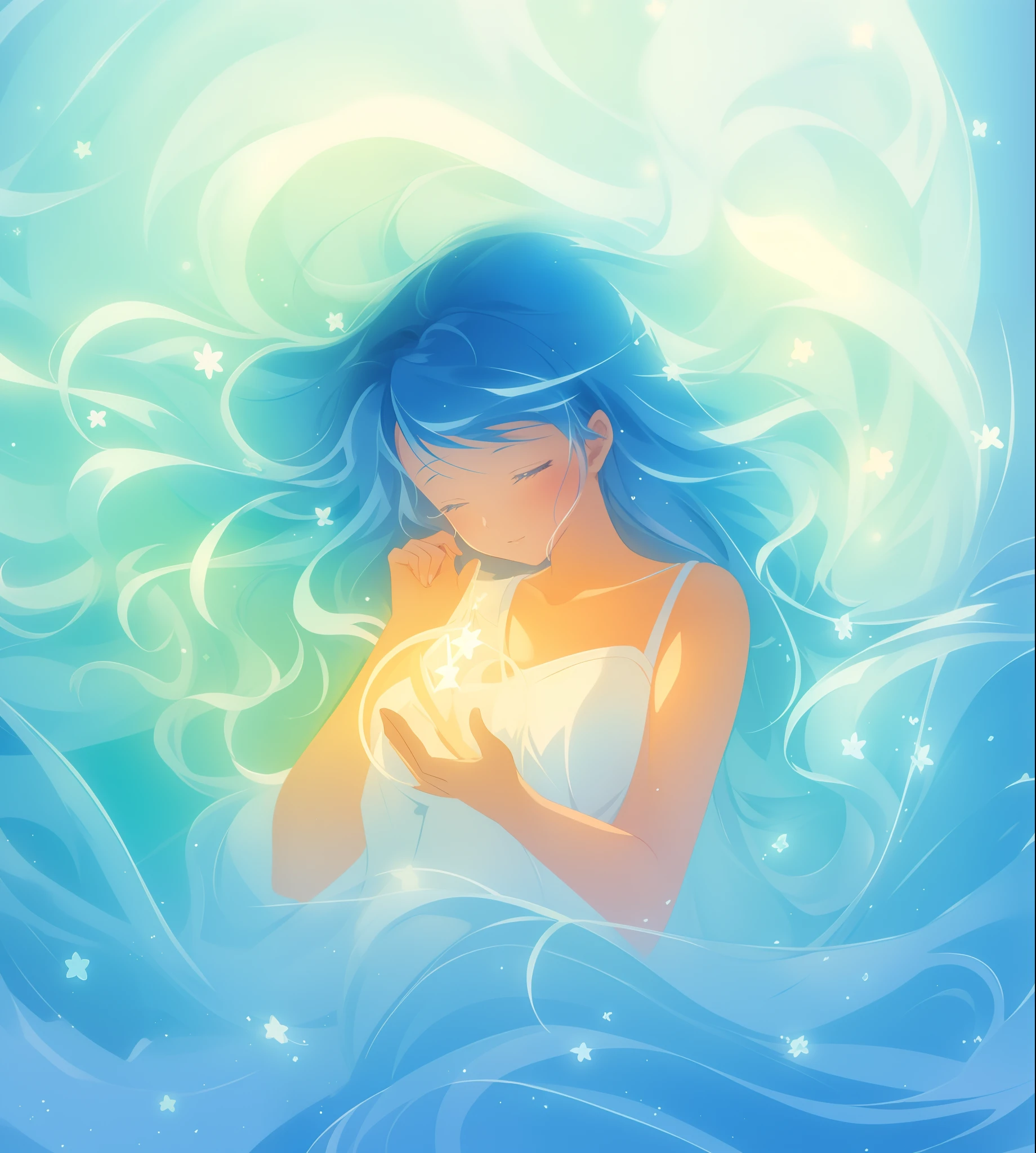 beautiful girl surrounded by liquid light, long wavy blue hair, watercolor illustration, inspired by Glen Keane, inspired by Lois van Baarle, disney art style, by Lois van Baarle, glowing aura around her, by Glen Keane, jen bartel, glowing lights! digital painting, flowing glowing hair, glowing flowing hair, beautiful digital illustration, fantasia otherworldly landscape plants flowers, beautiful, masterpiece, best quality, anime disney style