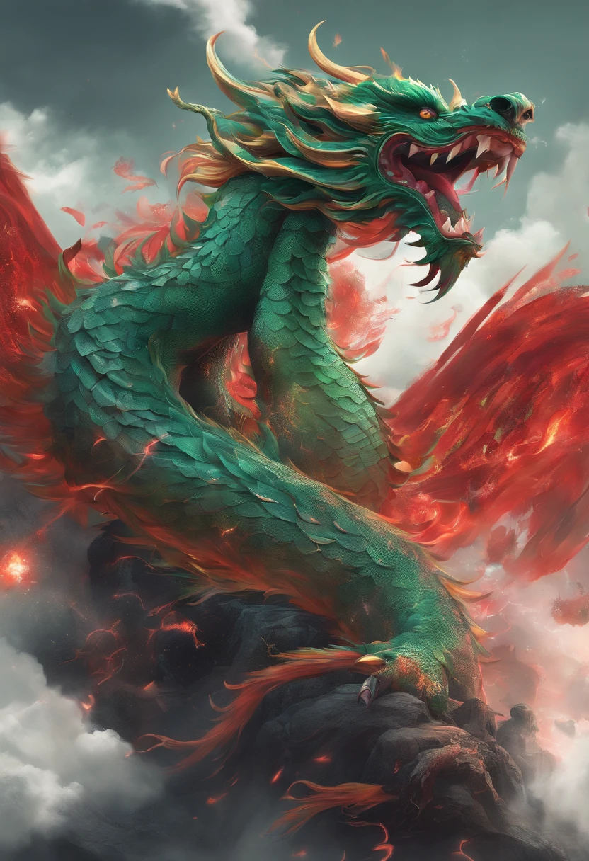 China-style，Chinese mythology，Chinese Green Dragon，tosen，Ferocious，gargantuan，The eyes glow red，Glow effects，surrounded by cloud，Thick clouds，buliding，中景 the scene is，Full body like， highly detailed surreal vfx，oc rendered，