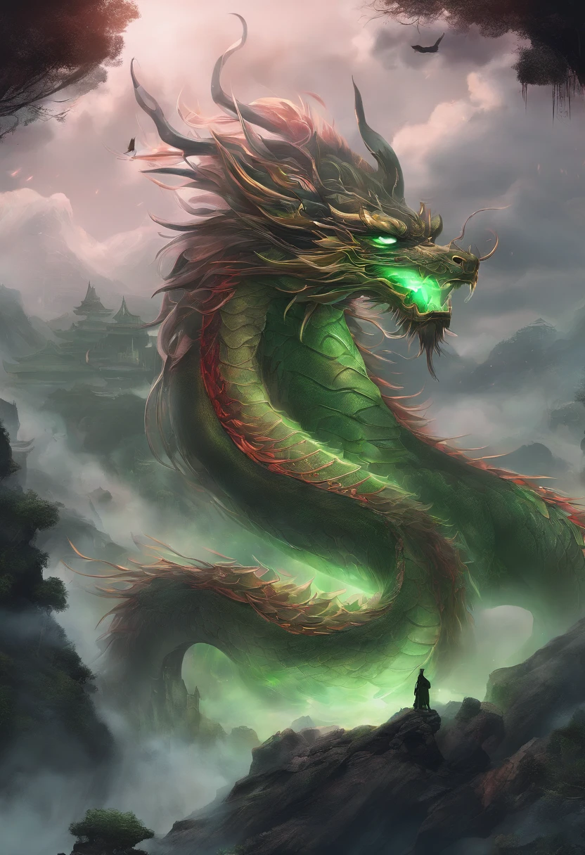 China-style，Chinese mythology，Chinese Green Dragon，tosen，Ferocious，gargantuan，The eyes glow red，Glow effects，surrounded by cloud，Thick clouds，buliding，中景 the scene is，Full body like， highly detailed surreal vfx，oc rendered，