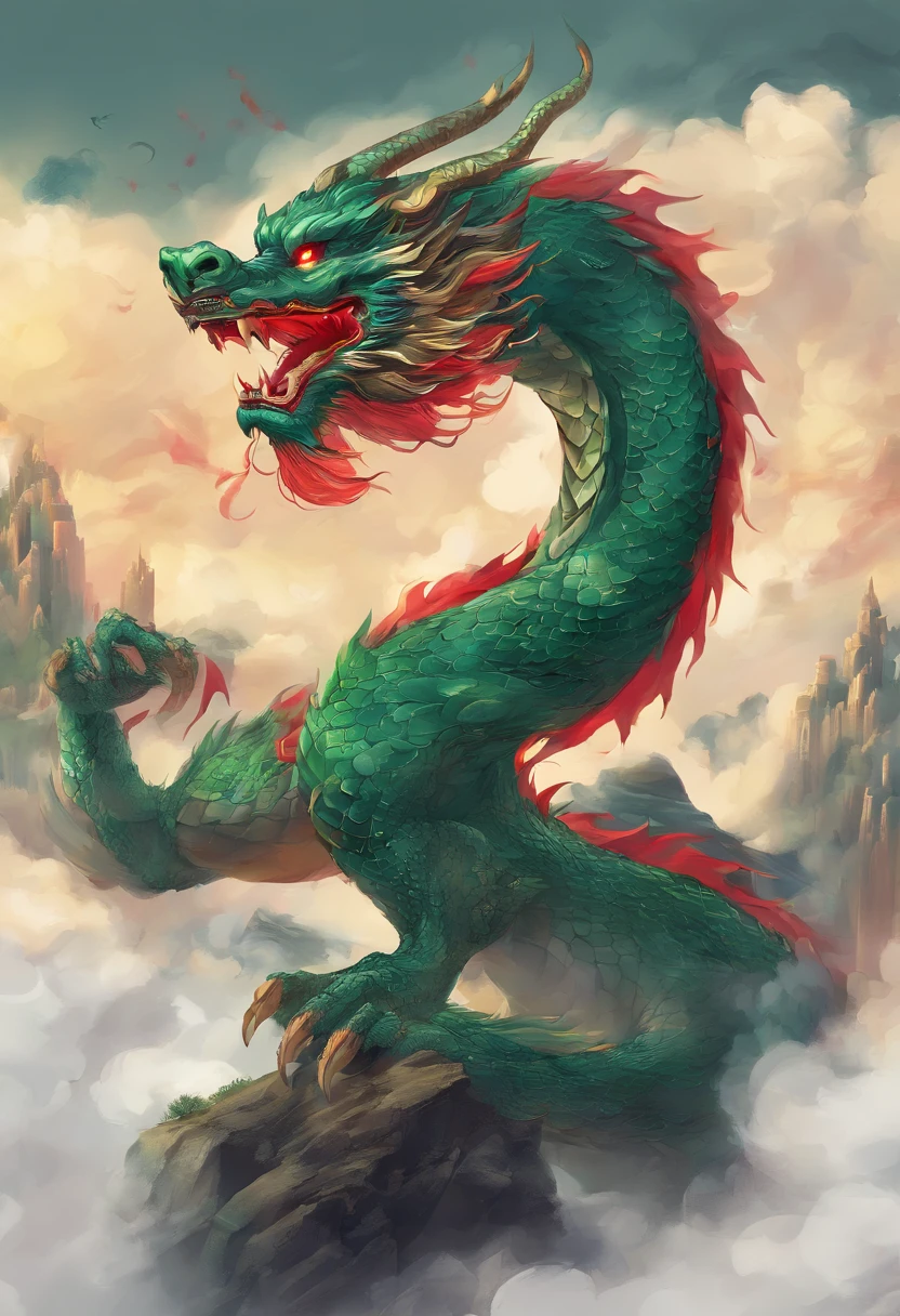 China-style,Chinese mythology,Chinese Green Dragon,tosen,Ferocious,gargantuan,The eyes glow red,Glow effects,surrounded by cloud,Thick clouds,buliding,中景 the scene is,Full body like, highly detailed surreal vfx,oc rendered,