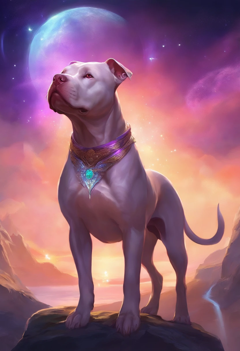 Tan pitbull with slight white chest, whose very short and has purple collar