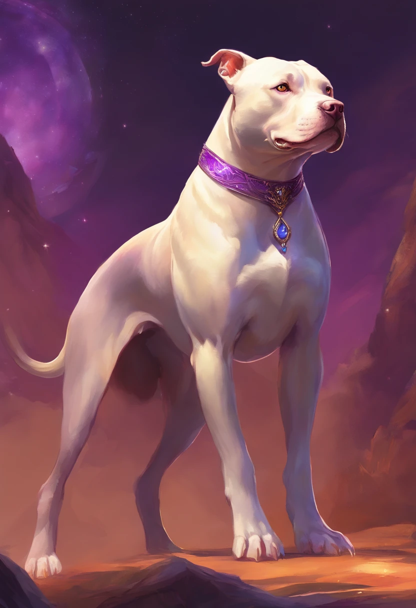 Tan pitbull with slight white chest, whose very short and has purple collar
