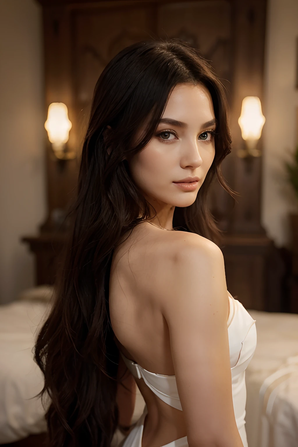 Generate a description of a woman with striking physical features. She has long, flowing ebony hair that cascades down her back, complemented by piercing emerald green eyes that radiate a sense of mystery and allure. Her skin is porcelain-smooth with a flawless complexion, and she has delicate, high cheekbones that enhance her beauty. Her lips are full and luscious, with a natural rosy hue, and her nose is elegantly shaped. She possesses a tall and slender figure, and her attire is both fashionable and tasteful, reflecting a sense of modern elegance. Her overall appearance exudes confidence and sophistication.