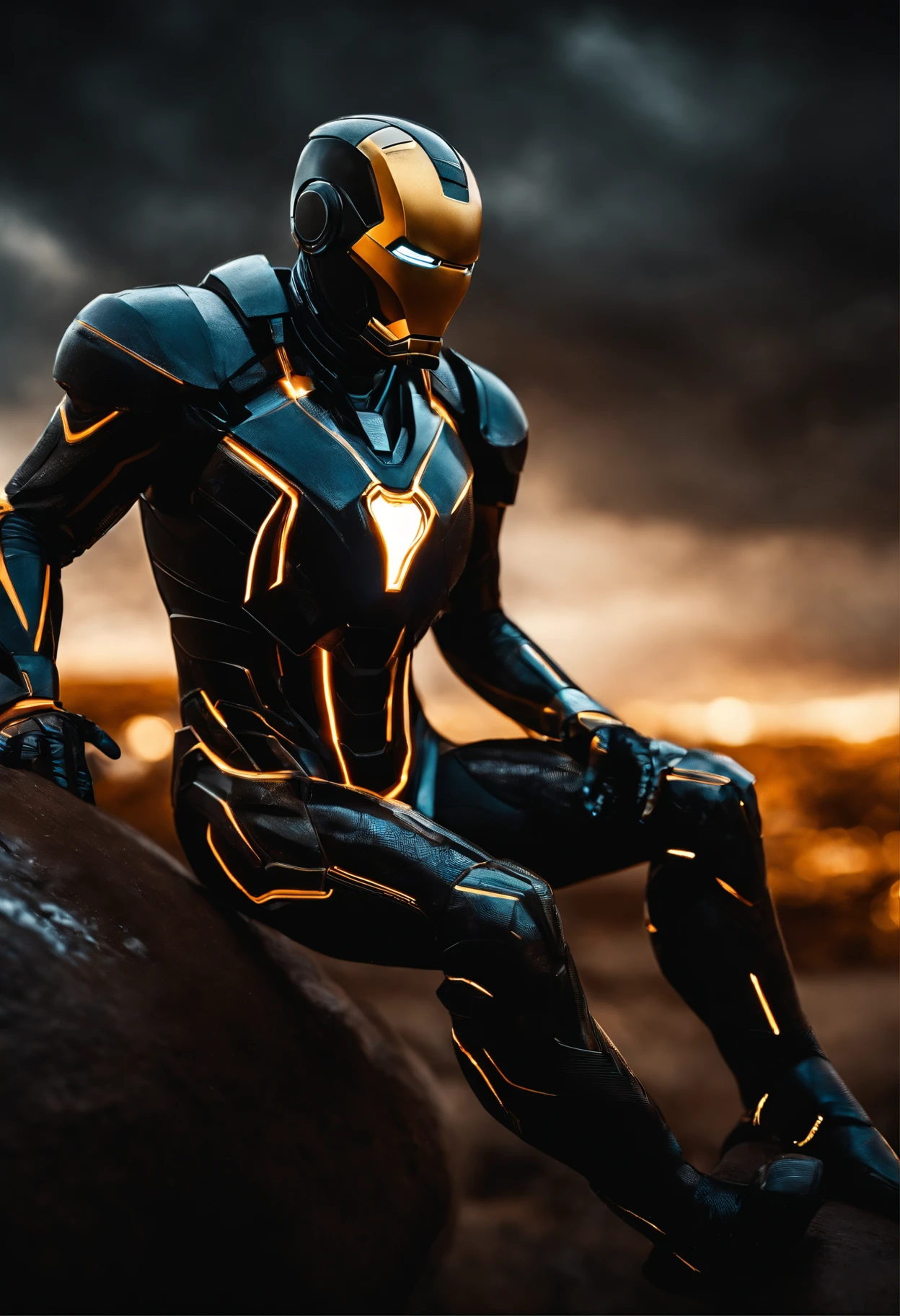 Tron Combined with Ironman, tron legacy, battle pose, crystal clear image, intricate details, close up, battle scars, black and amber themed, simulation world