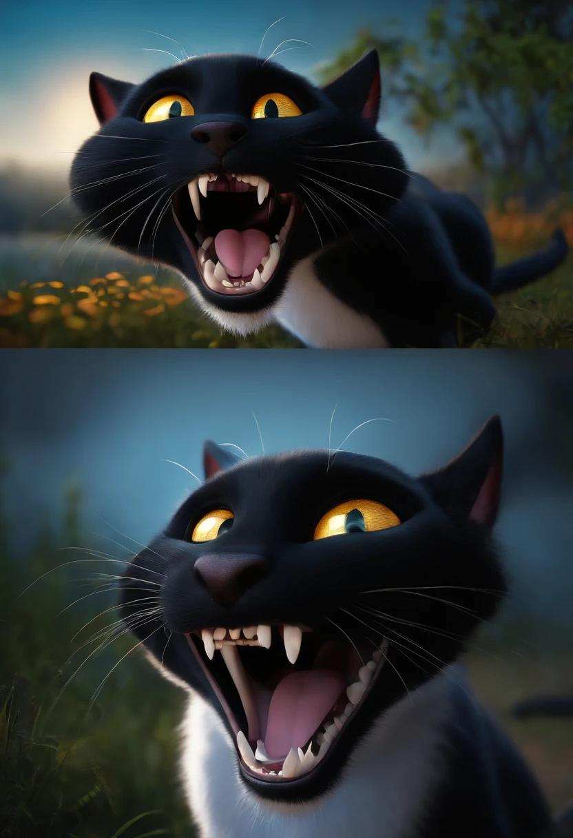 Gato Preto, olhos brilhantes, dentes afiados, Unhaa grandes, Bravo. Pixar, Melhor qualidade, noite lua
