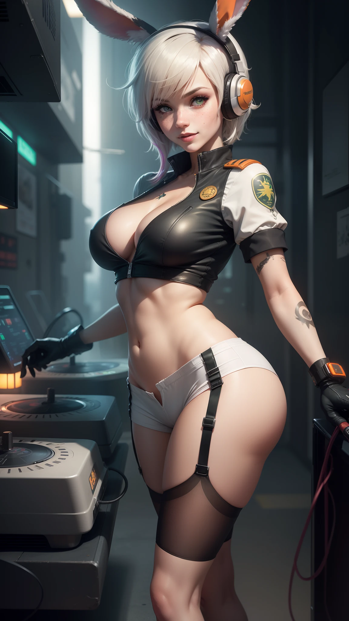 gwen tennyson,tracer,yorha 2b,y'shtola rhul,d.va,overwatch,nier automata,eva pilot,cyberpunk night club, tattoos,orange and silver plugsuit,white short sleeve pilot top,orange lycra micro shorts,garter belt,uncovered belly,short hair,cute makeup,green eyes,dimensional golden hair,sexy smile,freckles,beautiful girl,large breasts,8k,ultra detailed, realistic,fantasy art,dj uniform,ear piercings,dj outfit,saiyan girl,saiyan female,white short sleeve military jacket,bunny headphones,dj mixer, big speakers,dancing,bunny suit,bunny tail,