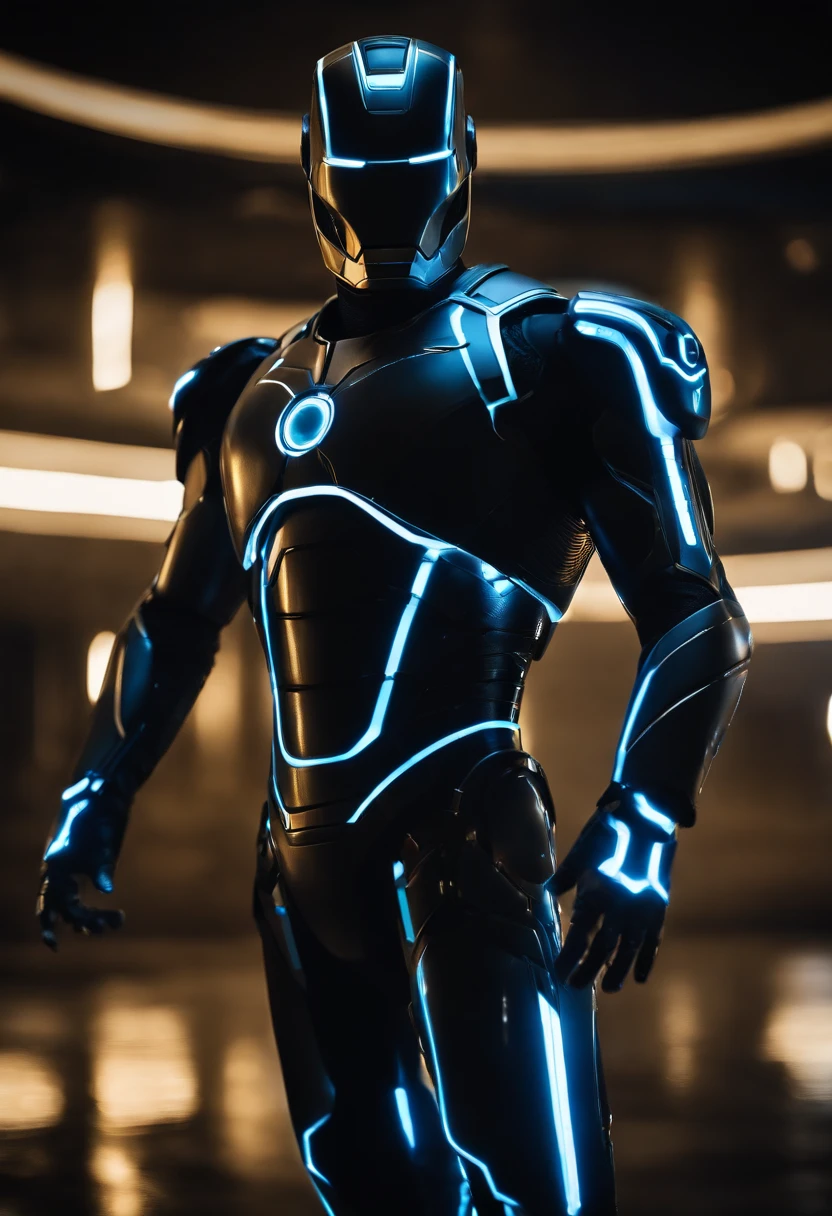 Tron Combined with Ironman, tron legacy, battle pose, crystal clear image, intricate details, close up, battle scars, black and amber themed, simulation world