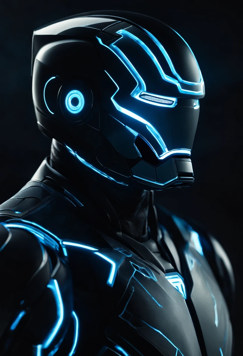 Tron Combined with Ironman, tron legacy, battle pose, crystal clear image, intricate details, close up, battle scars, black and blue themed, simulation world