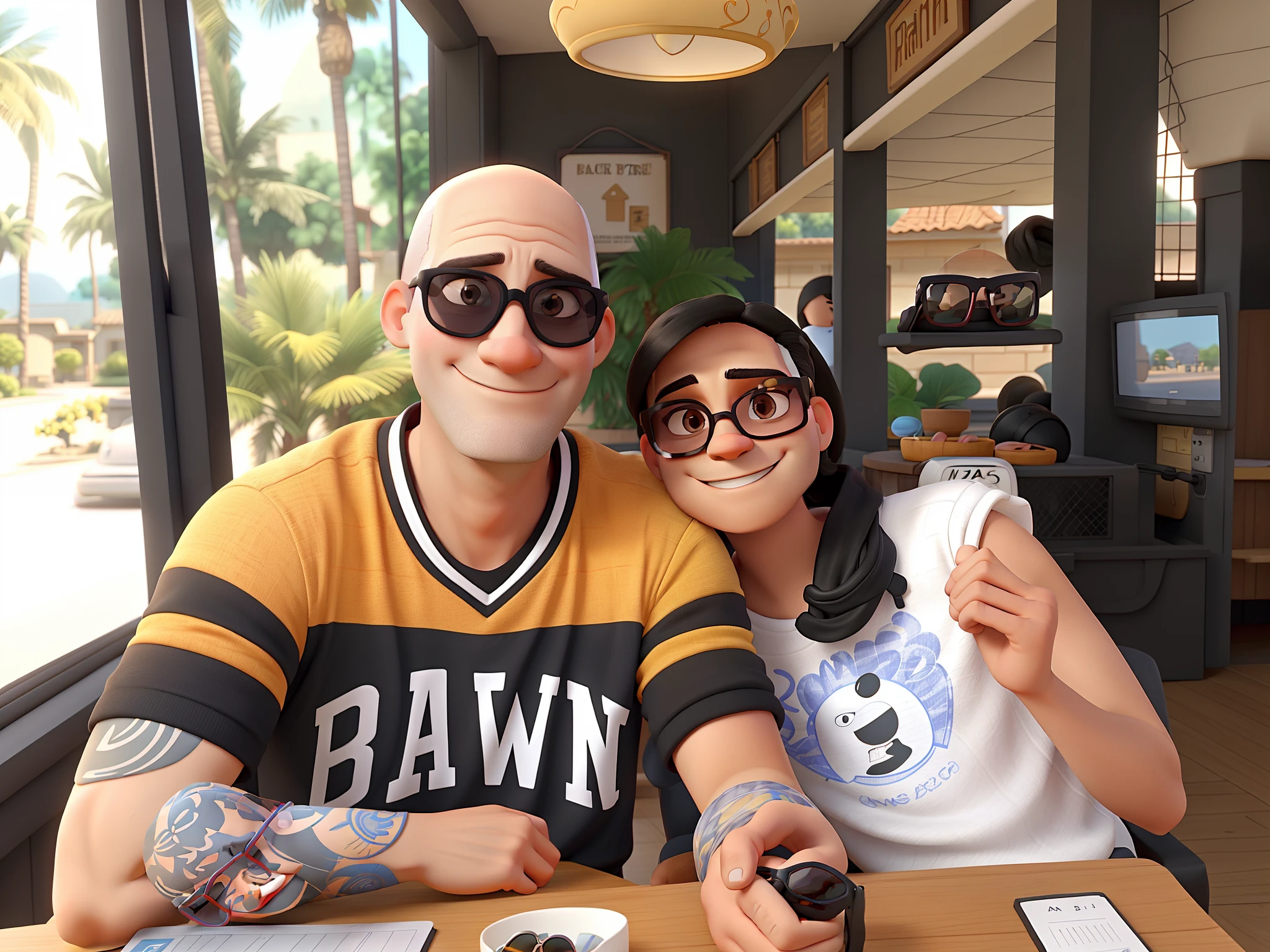 A bald white man in sunglasses with a black brunette in sunglasses, ambos estilo Disney Pixar