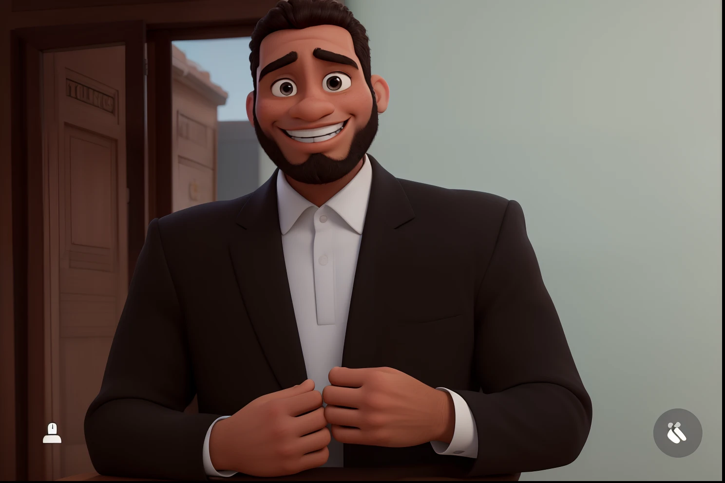 Homem negro com barba sorrindo de terno estilo disney pixar, alta qualidade, melhor qualidade