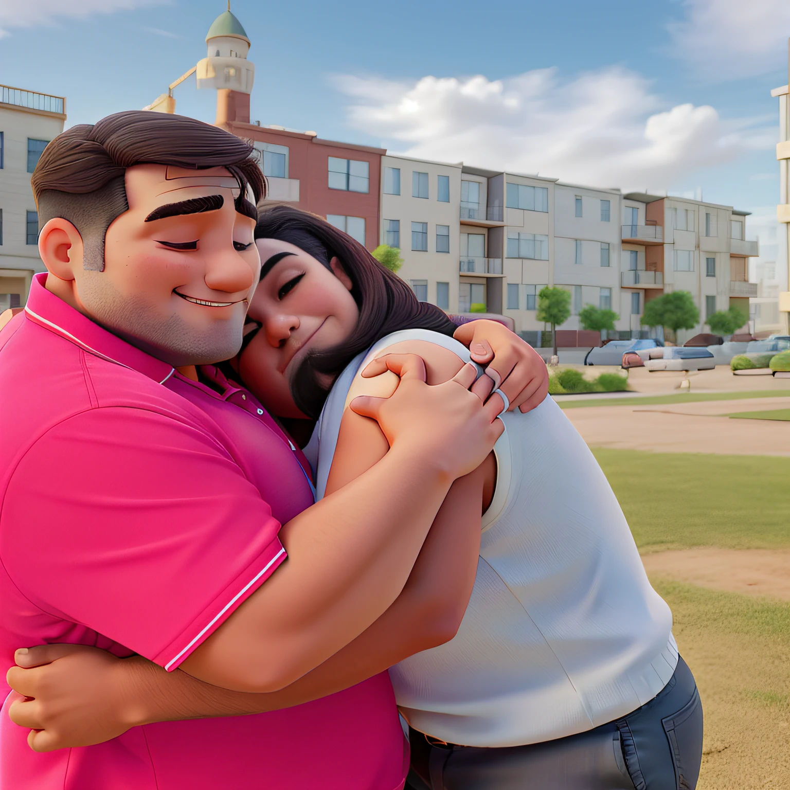 Man hugging an emotional woman with 3-story buildings in the background