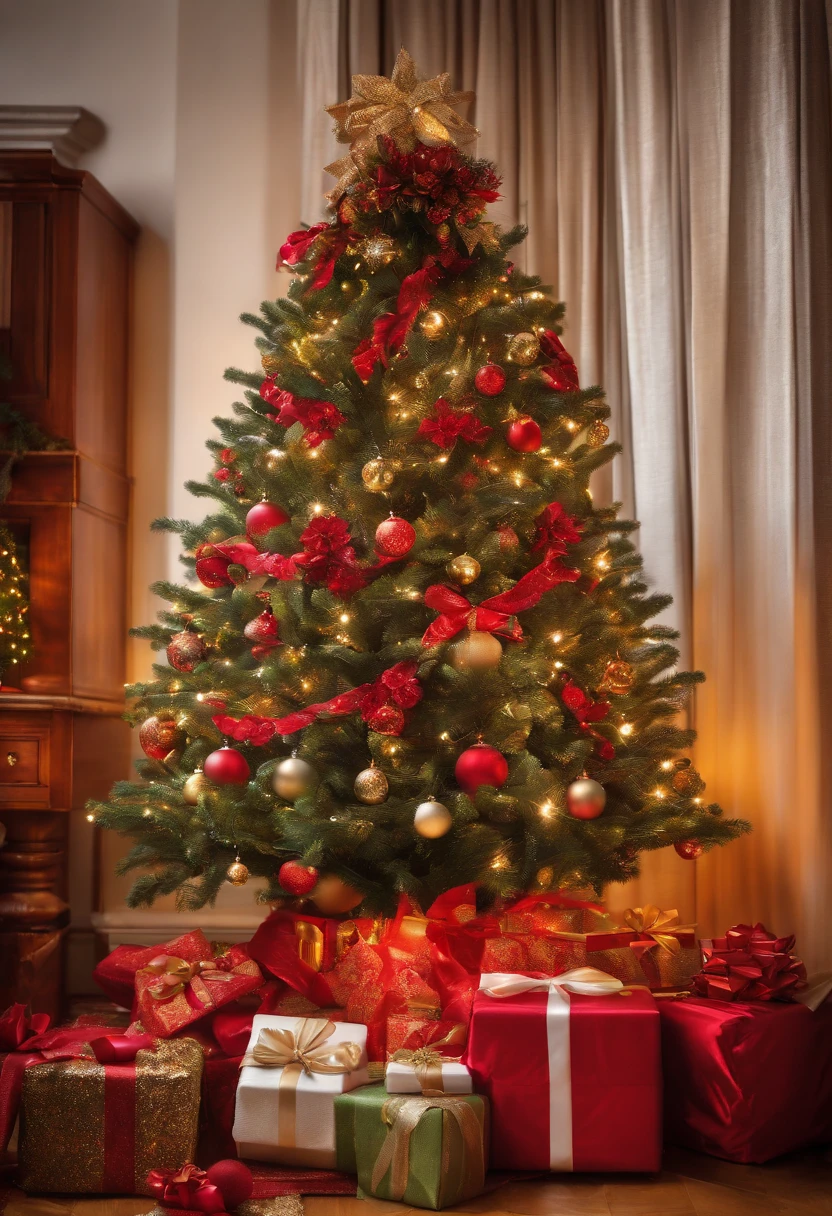 decoracion de navidad interiores con un arbol y  3 regalos, imagen colorida