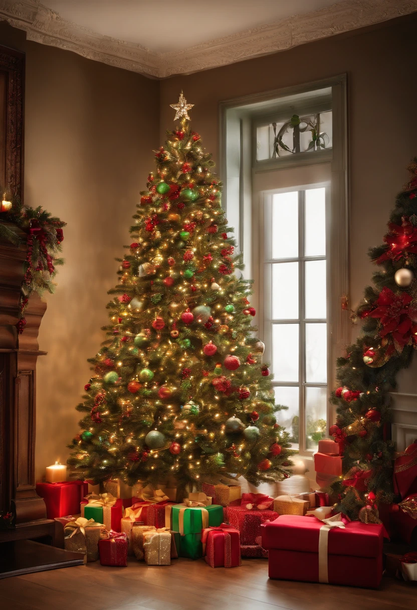 decoracion de navidad interiores con un arbol y  3 regalos, imagen colorida