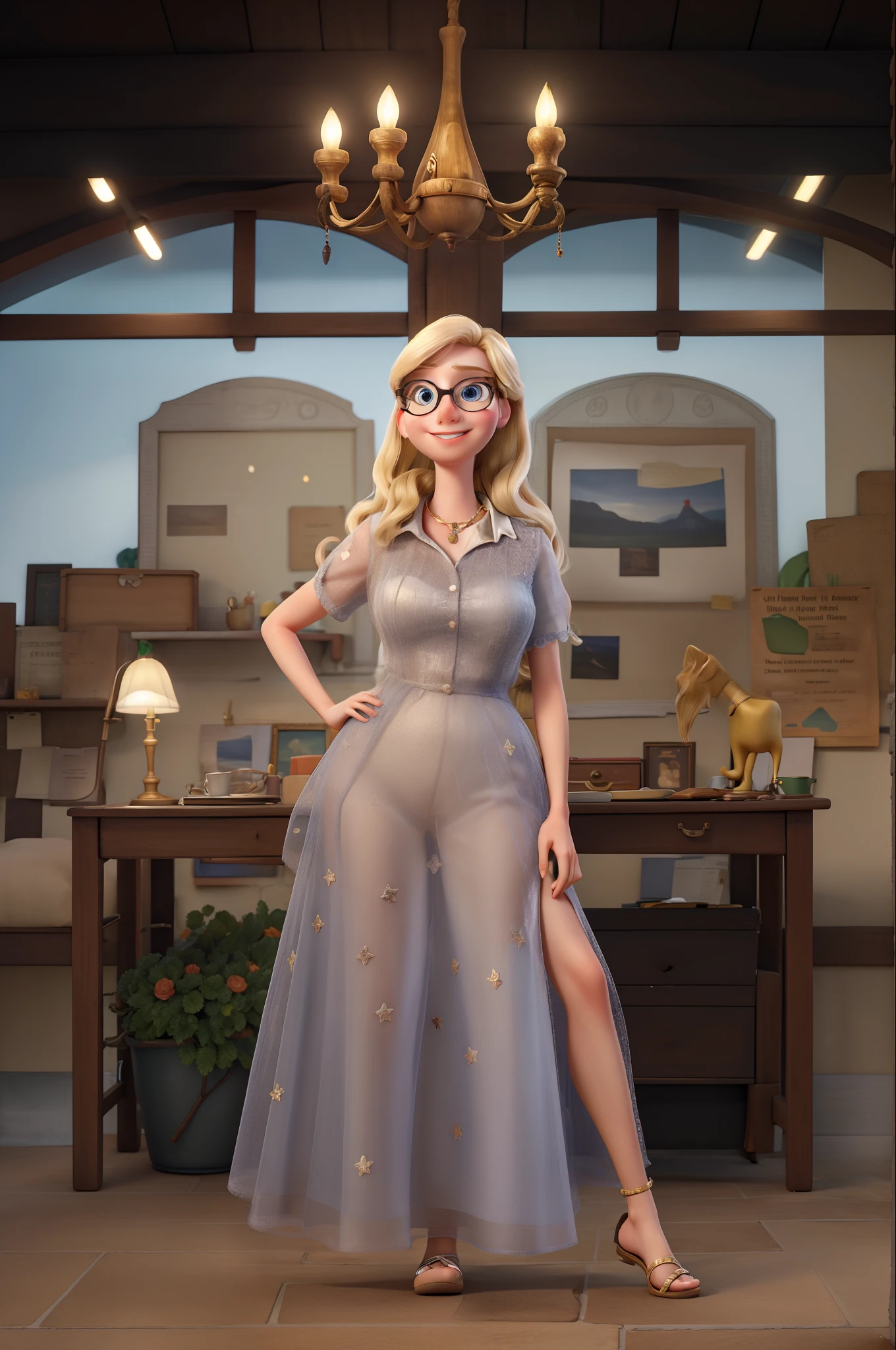 masterpiece, best quality, a young blond Disney Pixar woman with glasses