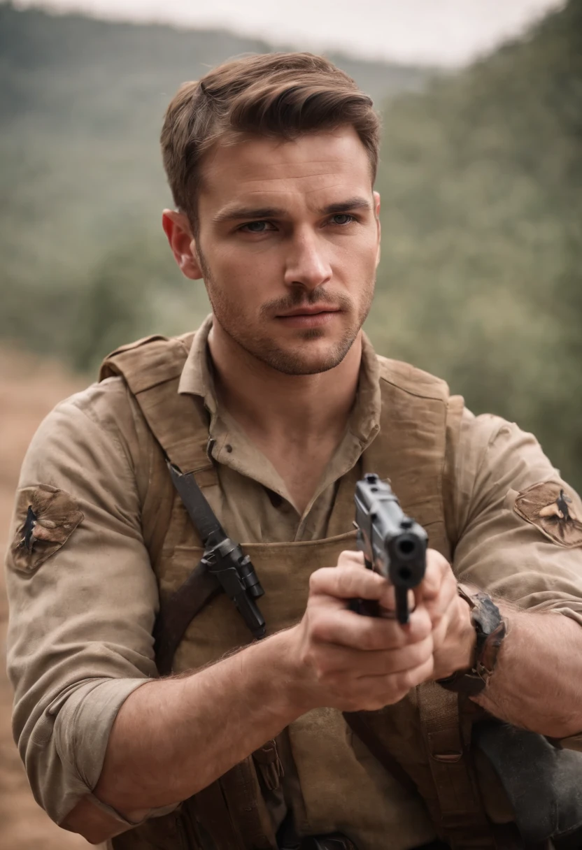 homem em guerra,holding a gun in his hand