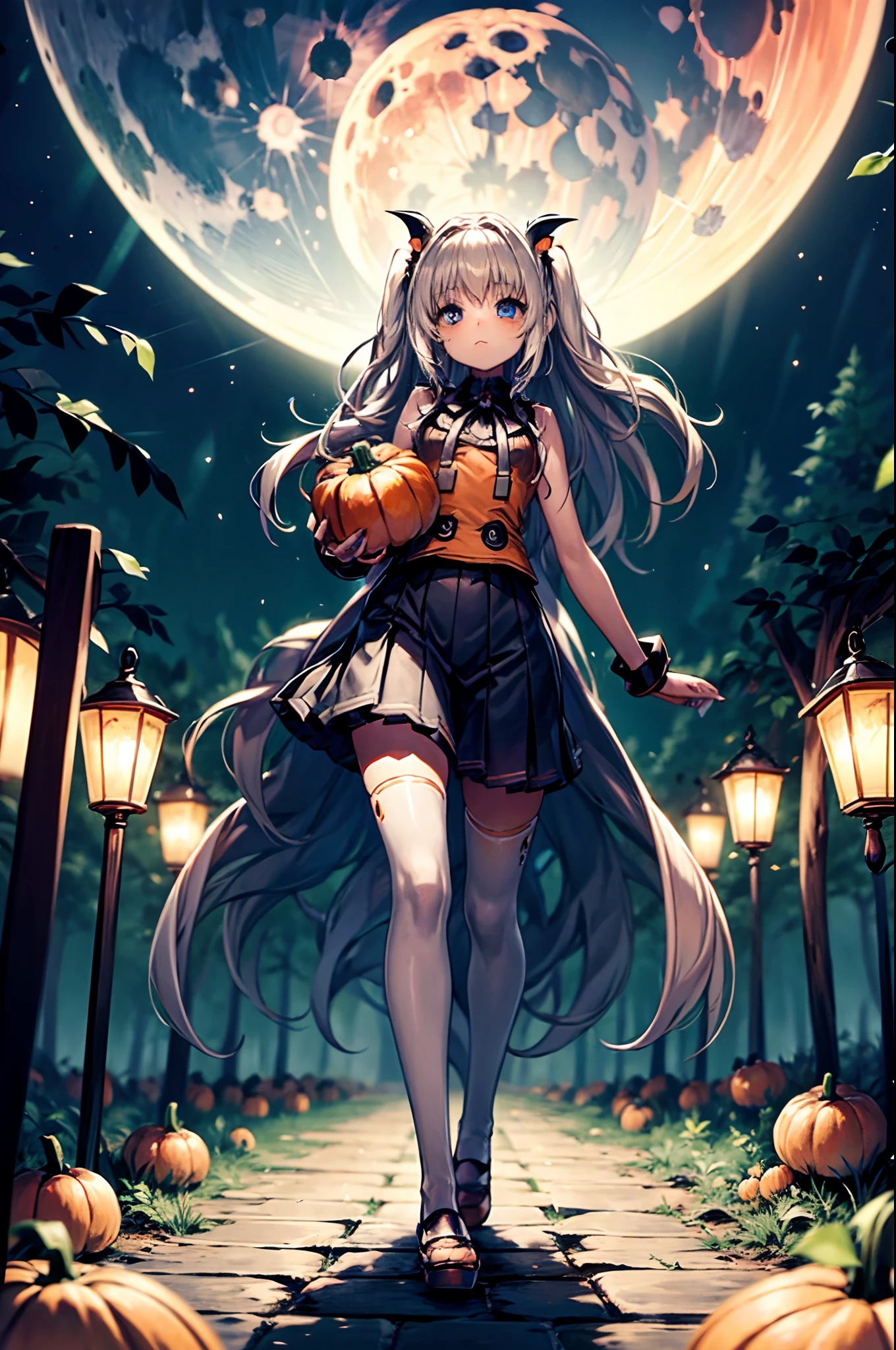 Cute vampire girl walks in a dark forest 
Lots of pumpkins, Red Moon