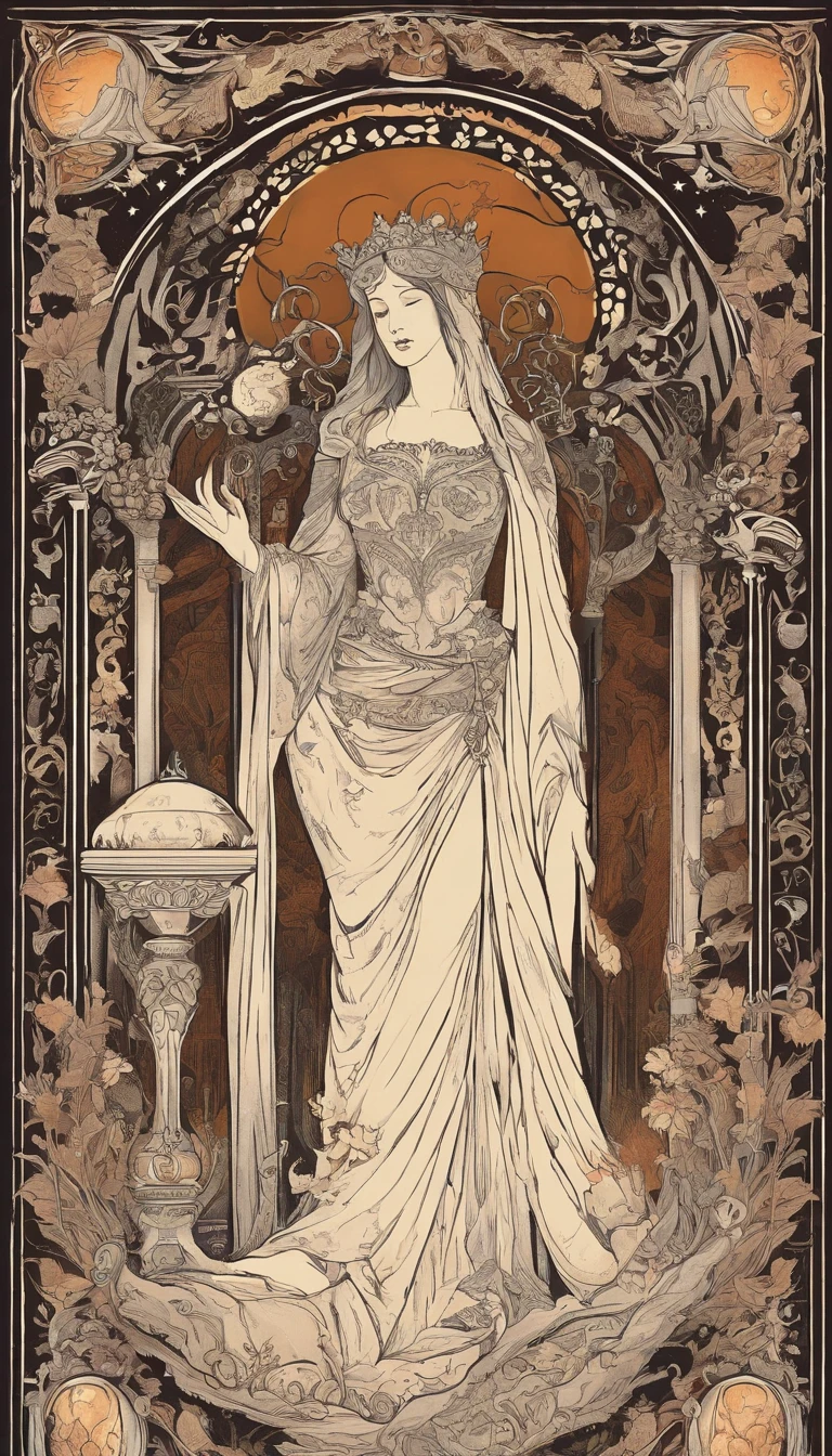The Vampire with face of pumpkin sits in front of a thin veil, decorated with pomegranates. On either side of the High Priestess are two pillars, Marking the entrance to this sacred, Mystic Temple. White poles. The High Priestess is dressed in a red robe with a cross on her chest and a horned diadem, On her lap, she is holding a scroll with the letters of the Torah on it, It is partially covered. At her feet is the crescent moon, Highly detailed