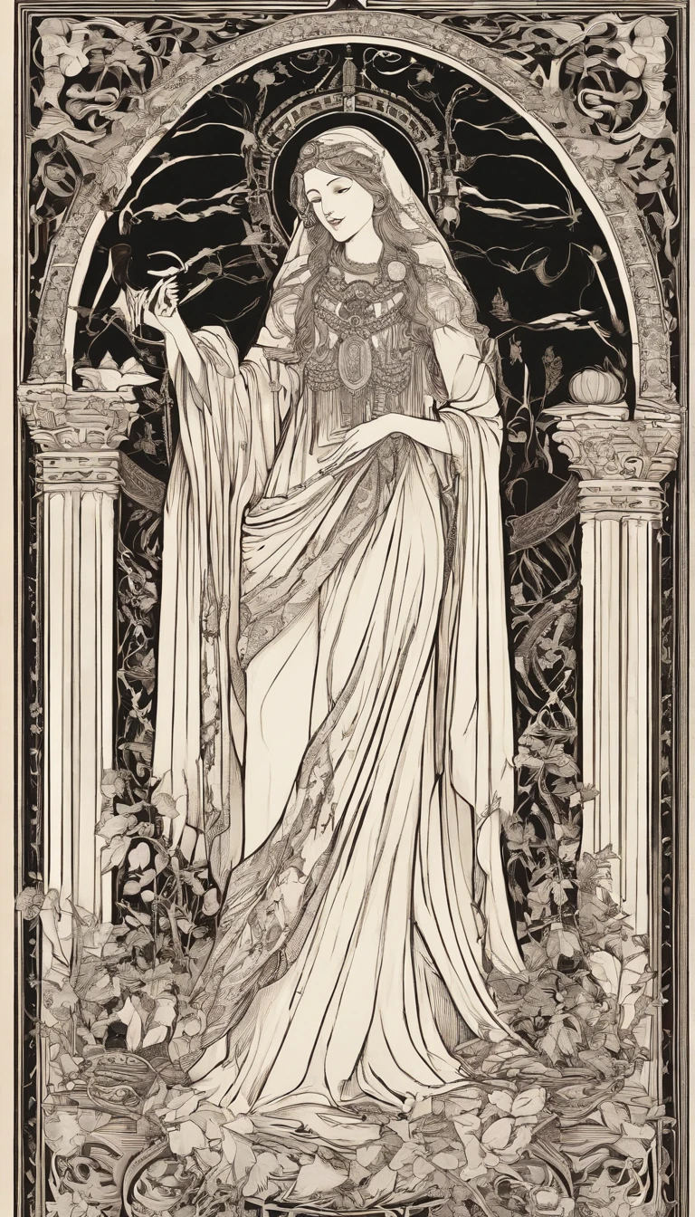 The Vampire with face of pumpkin sits in front of a thin veil, decorated with pomegranates. On either side of the High Priestess are two pillars, Marking the entrance to this sacred, Mystic Temple. White poles. The High Priestess is dressed in a red robe with a cross on her chest and a horned diadem, On her lap, she is holding a scroll with the letters of the Torah on it, It is partially covered. At her feet is the crescent moon, Highly detailed