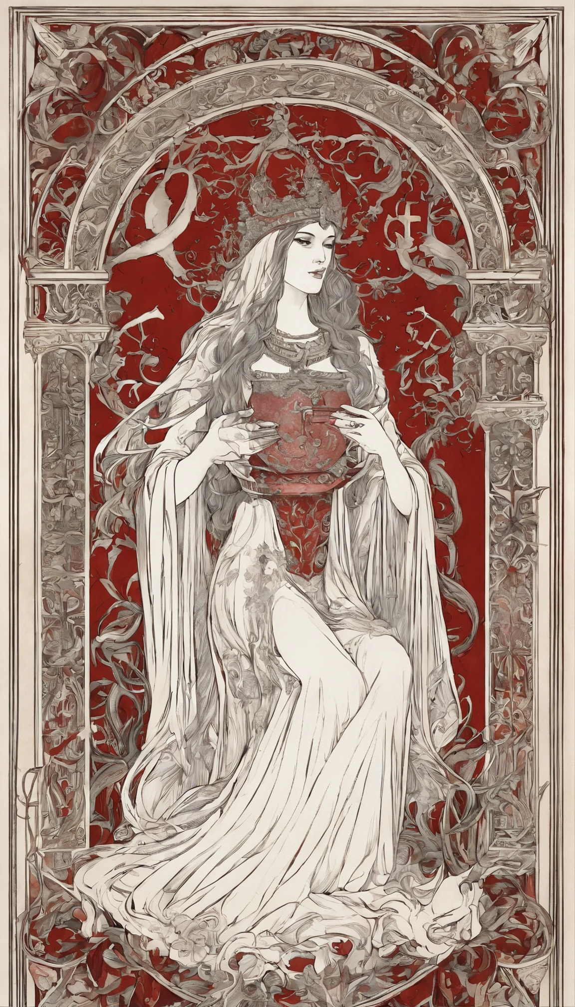 The Vampire High sits in front of a thin veil, decorated with pomegranates. On either side of the High Priestess are two pillars, Marking the entrance to this sacred, Mystic Temple. White poles. The High Priestess is dressed in a red robe with a cross on her chest and a horned diadem, On her lap, she is holding a scroll with the letters of the Torah on it, It is partially covered. At her feet is the crescent moon, Highly detailed