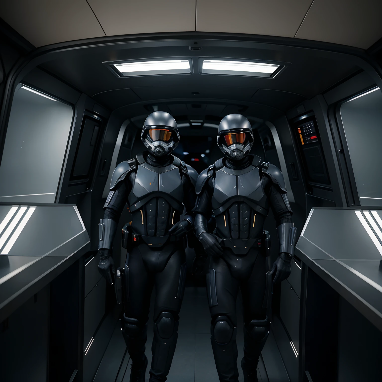 Dois soldados homens com uniforme e colete pretos e um capacete preto andando no corredor de uma nave espacial(StarshipTroopers)