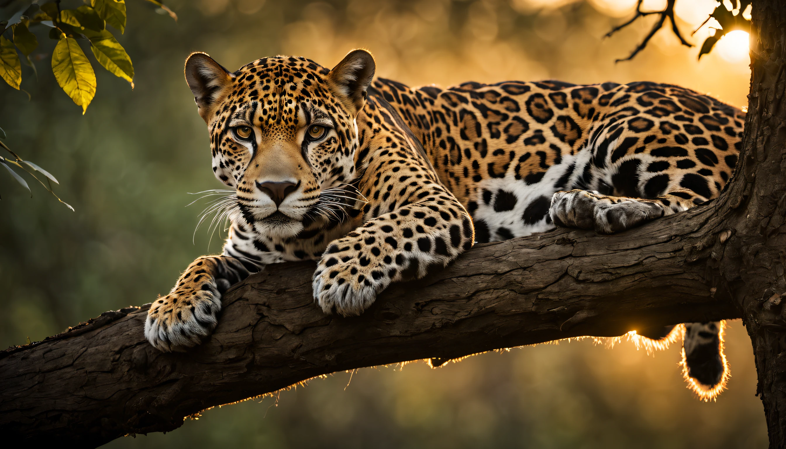 National Geographic Award-winning wildlife photo of a jaguar lying on a tree branch relaxed, resting | forest a sunset day | full body view | highly detailed | high resolution | looking at the viewer with an intense gauze | predatory | hyper detailed eyes | sharp focus | natural light