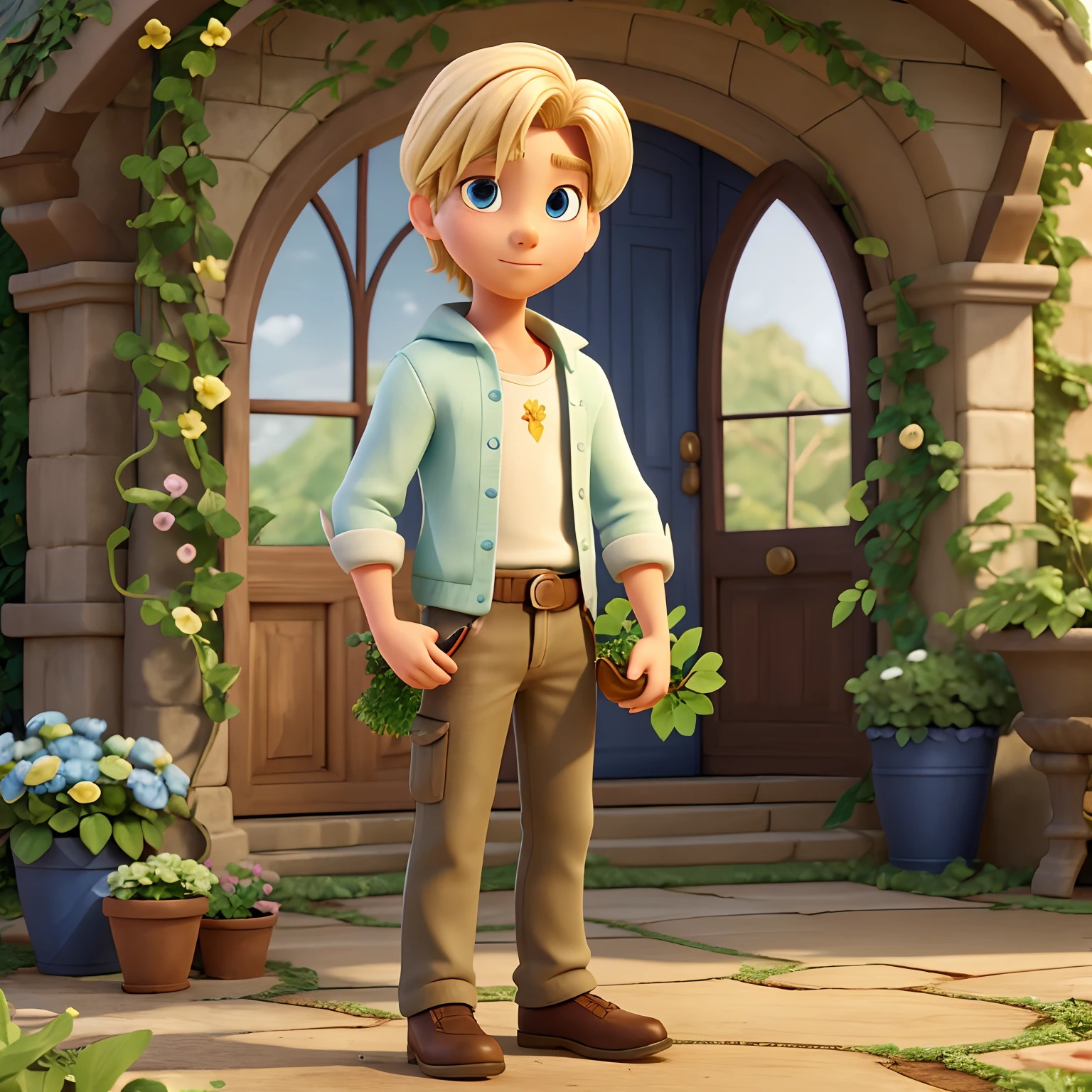 A young blond gardener with the hair of a dream prince inspired by Pixar animation, de perto. The character takes center stage with captivating facial expressions, oferecendo um toque de irrealidade. He holds an ivy in his hand that he just took out of his pocket. Ao fundo, a television studio for his gardening show