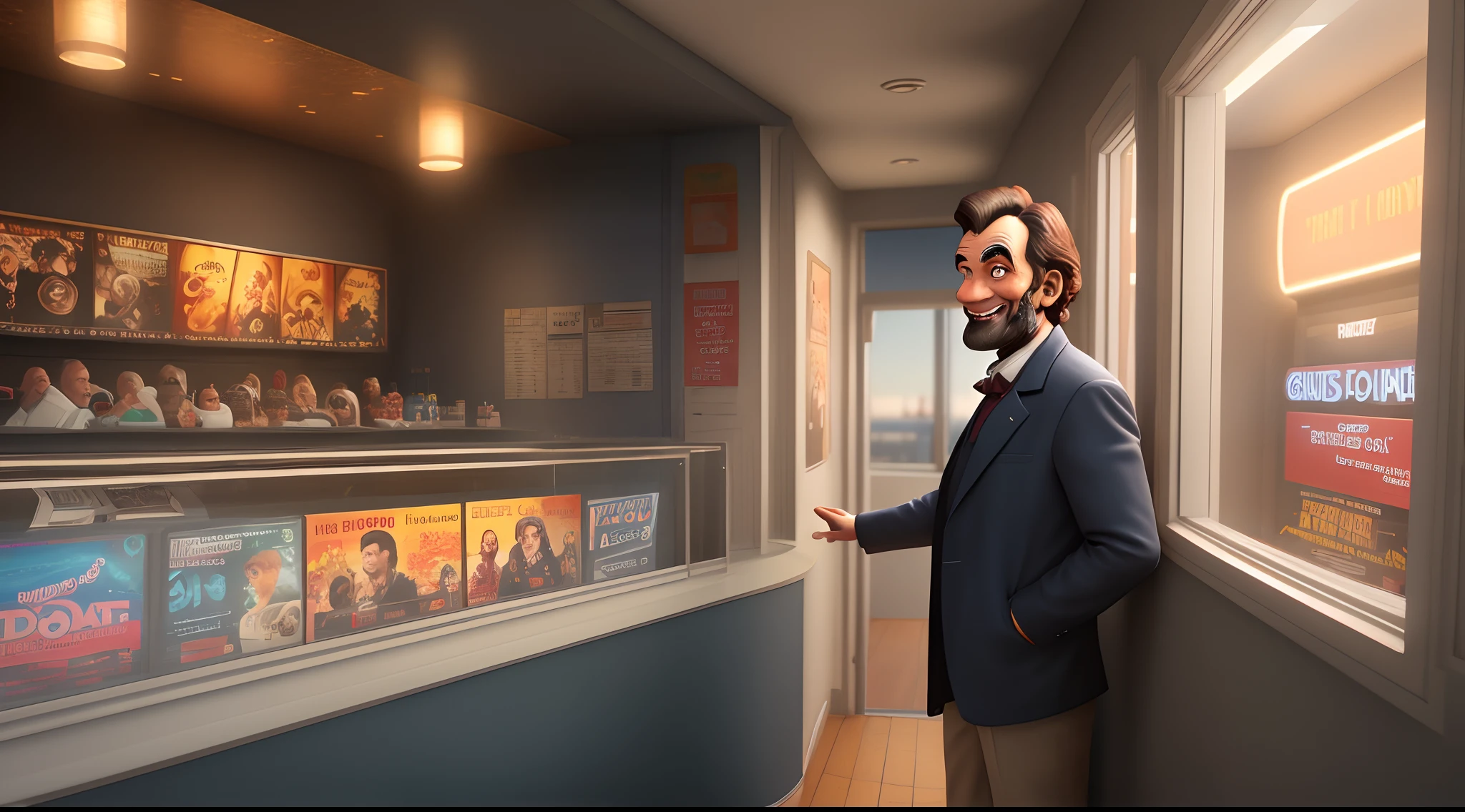 Make a 3d Pixar image of Abraham Lincoln looking out a movie theater window while smiling.
