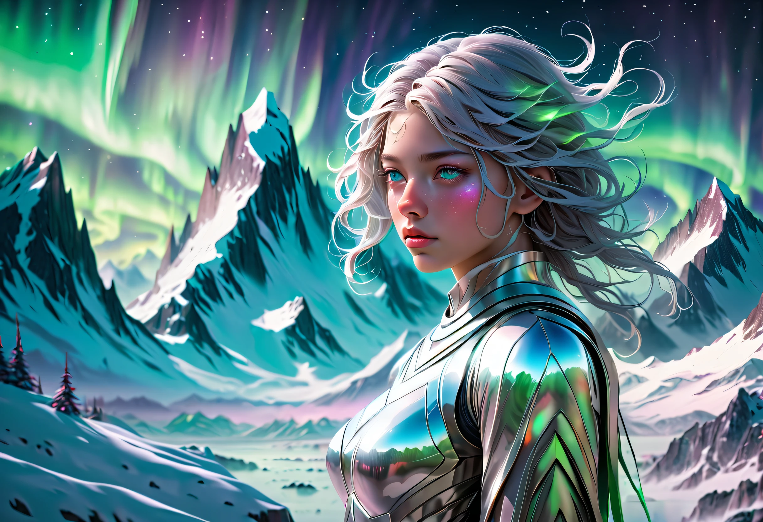 ModelShoot style, (Extremely detailed Cg Unity 8K wallpaper),extreme light，1girll，Stand under the iceberg，Admire the beautiful Northern Lights，cyber punk perssonage [Snow-capped mountain landscape with fog，snow mountains] ，Immerse yourself in the beautiful aurora，Live in the clouds of the starry sky，Behind the clouds，（multiple exposure：1.8），(The transparent and ethereal girl's face blends with the aurora，Covered with snow-capped mountains)，Multiple elements blend the image，photography of：Brandon Woelfelmist，Surreal dreams，Gray atmosphere，raining day，dyna，lute，hdr，Surrealist art fantasy style，Epic digital fantasy art style，Beautiful dream art, Science-fi digital art illustration,dreamlike digital painting, futuristic digital painting, Fantastic concept art, In front of the sci-fi snowy mountain landscape, science fiction digital art, Fantastic transparent ethereal girl stylized abstract portrait close-up