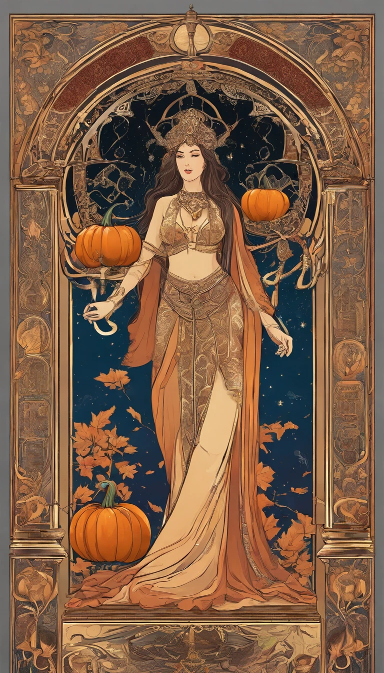 pumpkin sits in front of a thin veil, decorated with pomegranates. On either side of the High Priestess are two pillars, Marking the entrance to this sacred, Mystic Temple. White poles. The High Priestess is dressed in a red robe with a cross on her chest and a horned diadem, On her lap, she is holding a scroll with the letters of the Torah on it, It is partially covered. At her feet is the crescent moon, Highly detailedTop Quality, Masterpiece, Ultra High Definition, (Photorealistic: 1.4), Raw Photo, 1 Girl, Black Hair, Glossy Skin, WET BODY, Dramatic Lighting, Full Body, (((Micro Bikini)), Colossal