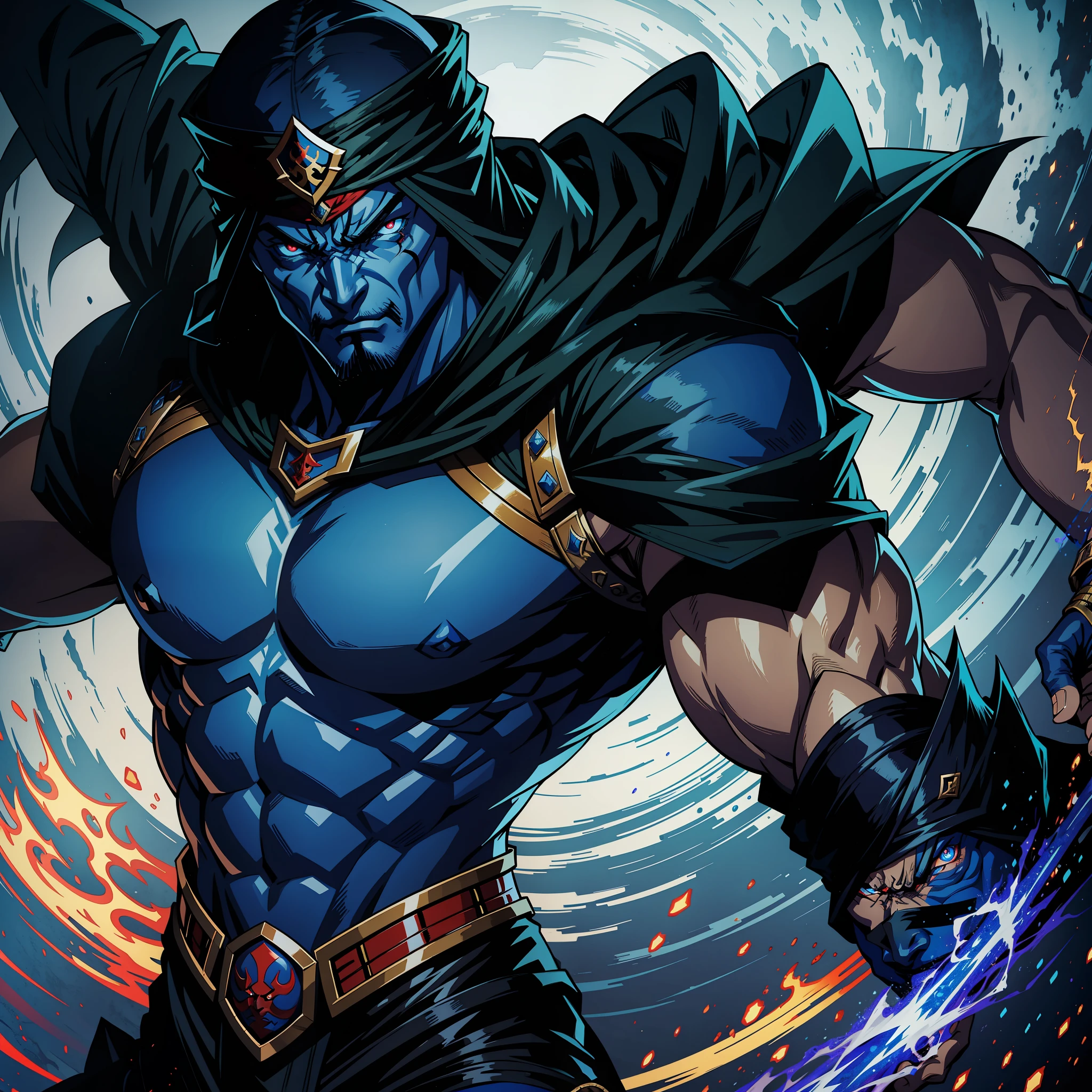 A strong and muscular Demon Man adorned with pieces of cloth covering a segment of his body. He looks like a drowned demon. He wears a piece of cloth that covers his crotch in the Egyptian style.