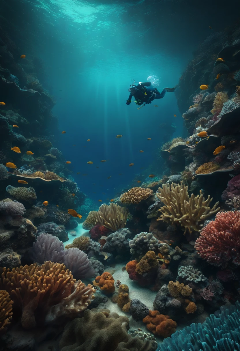 Obra-prima, melhor qualidade, (papel de parede 8k de unidade CG muito detalhado) (melhor qualidade), (best illustration), (melhores sombras) NFT 1: "Exploration of the Deep-Sea" description: Um submarino futurista explorando os recifes de coral do oceano profundo.