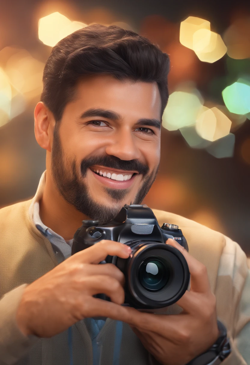 Smiling man holding a camera and a flash light in front of him, Foto Profissional, Foto profissional, Eloy Morales, imagem profissional, Fotografia selfie 8k, professional photographie, enquanto sorri para uma fotografia, smiling at camera, camera flash is so bright, Fotografia Profissional, happily smiling at the camera, Luis Nieves Sr., Looking at camera!!!