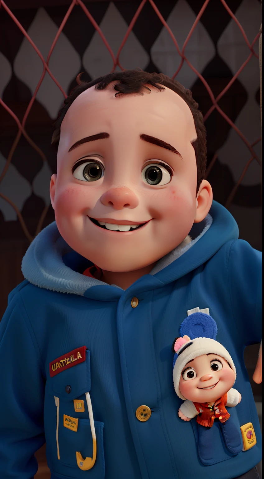 A smiling baby, careca, com tip top de ursinho