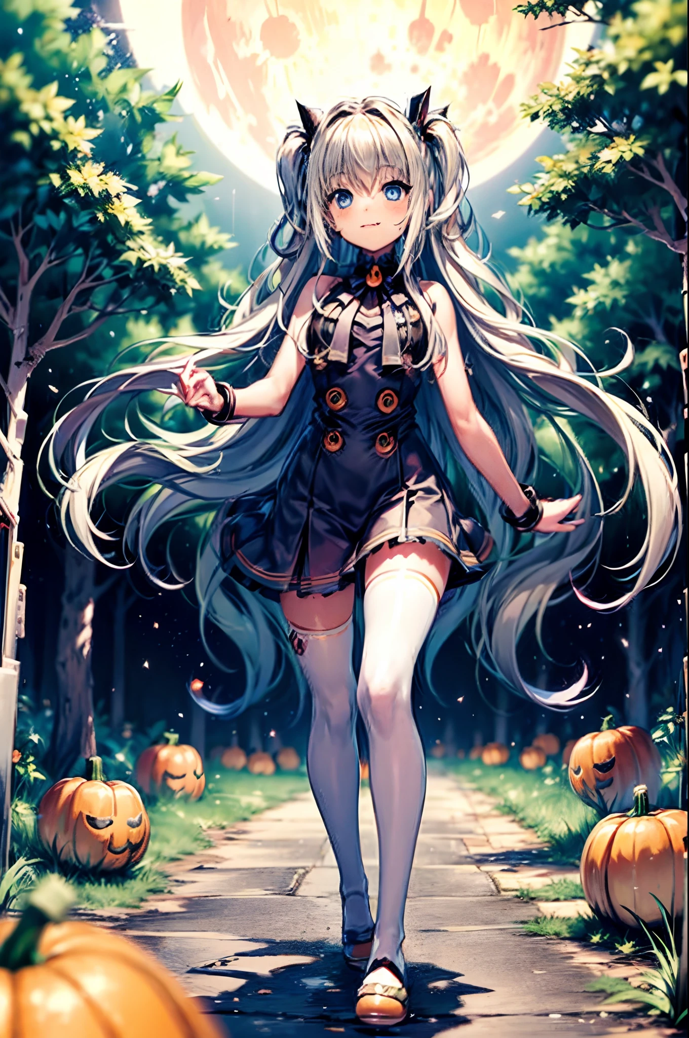 Cute vampire girl walks in a dark forest 
Lots of pumpkins, Red Moon